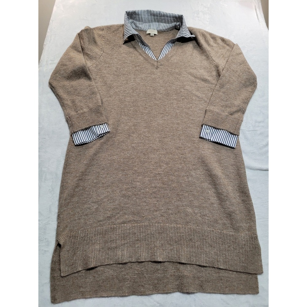 LOFT Sweater Tunic dress Womens XL Tan Layered Striped Collar V-Neck Knit